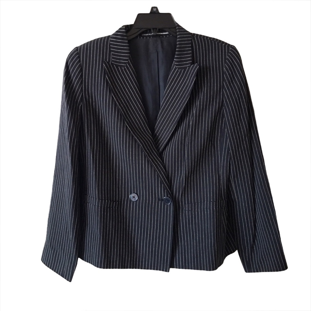 Linda Allard Ellen Tracy Suit Jacket Wool Blend Black Pinstripe Black Wo…